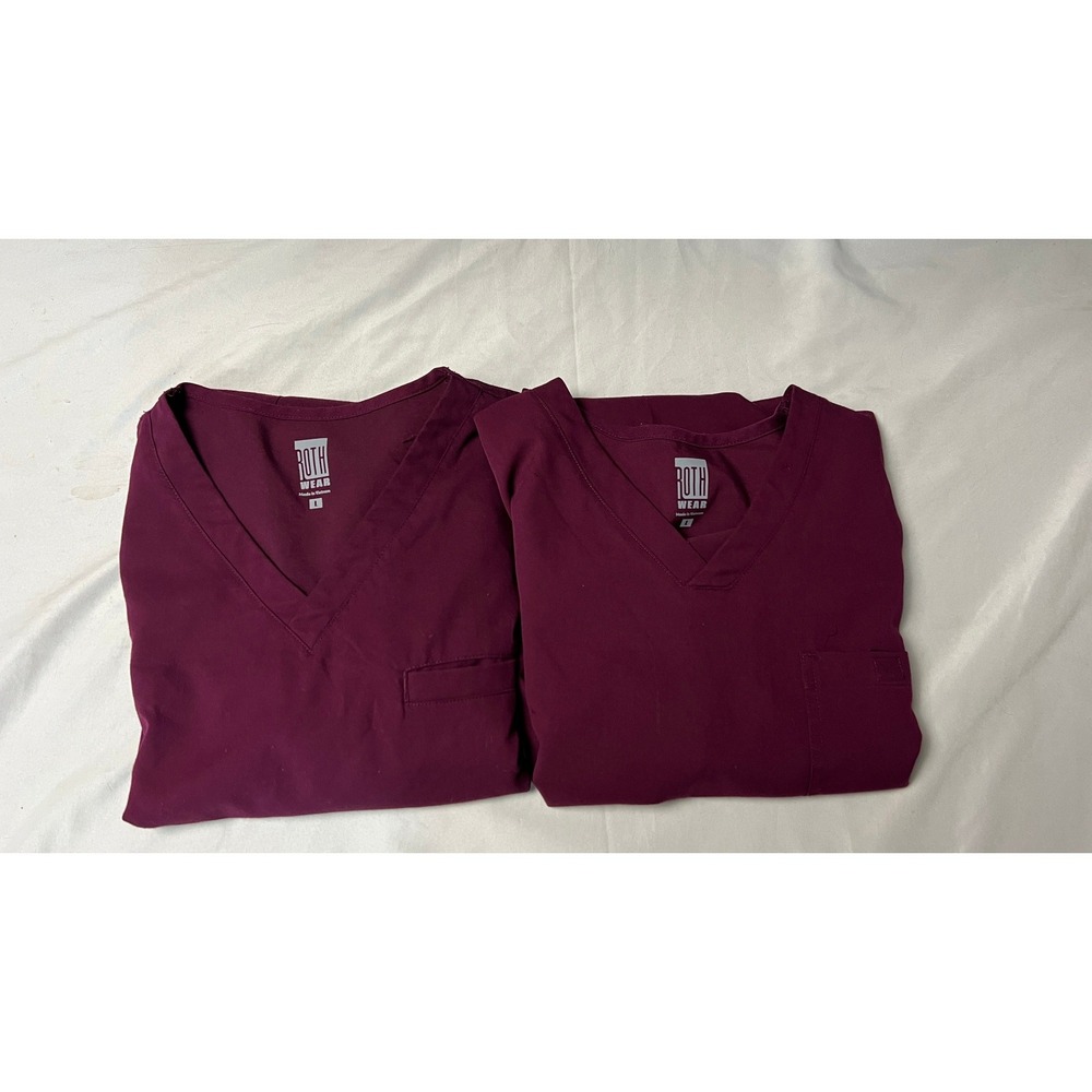 Roth Wear Mens Wine Burgundy V-Neck‎ Scrub Tops Set of 2 Size Large 7477